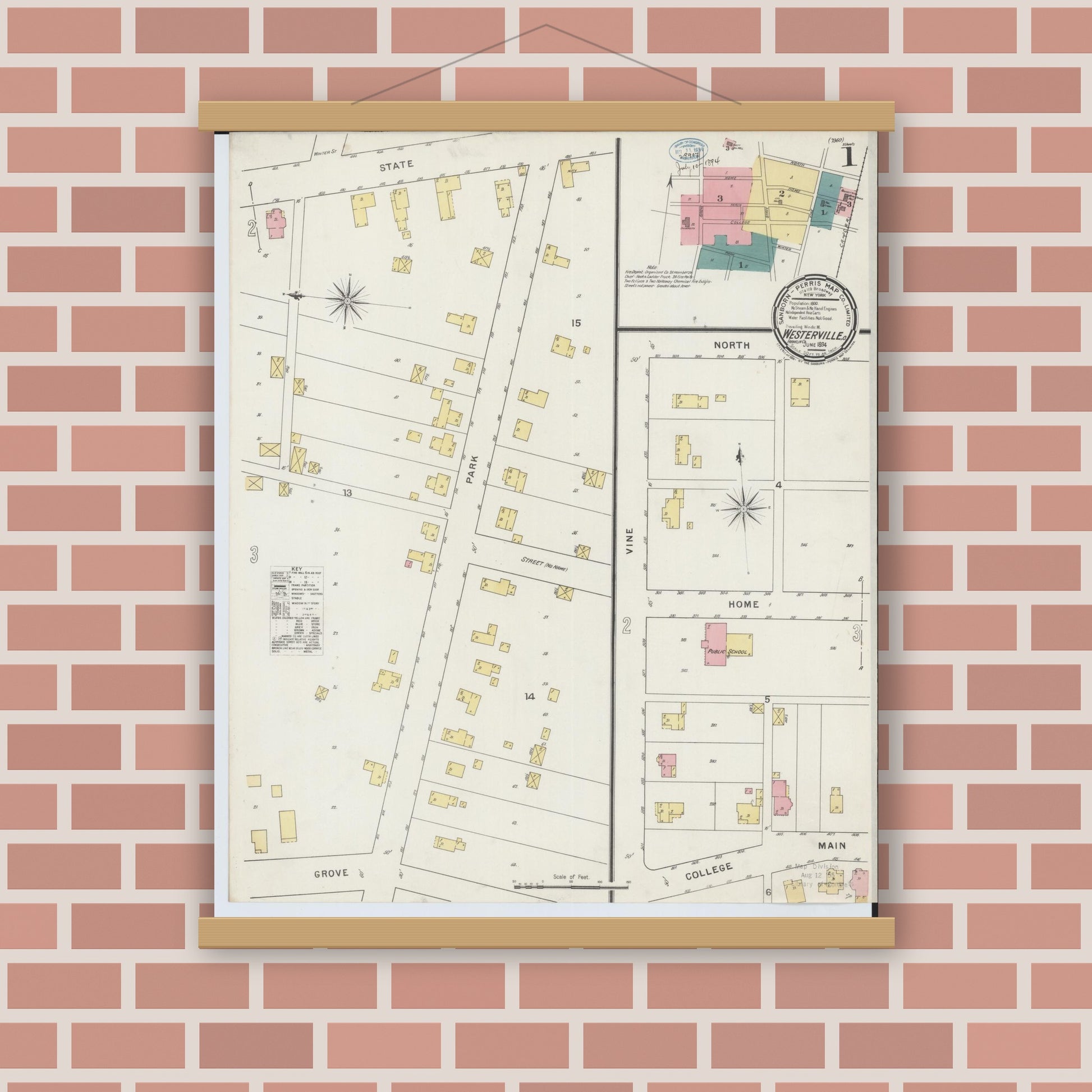 Old map wall art mockup — magnetic wood frame on brick wall — Sanborn Fire Insurance Map from Westerville, Franklin County, Ohio (1894), Sheet #0001