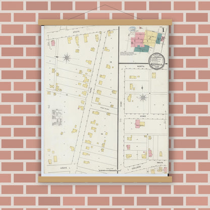 Old map wall art mockup — magnetic wood frame on brick wall — Sanborn Fire Insurance Map from Westerville, Franklin County, Ohio (1894), Sheet #0001