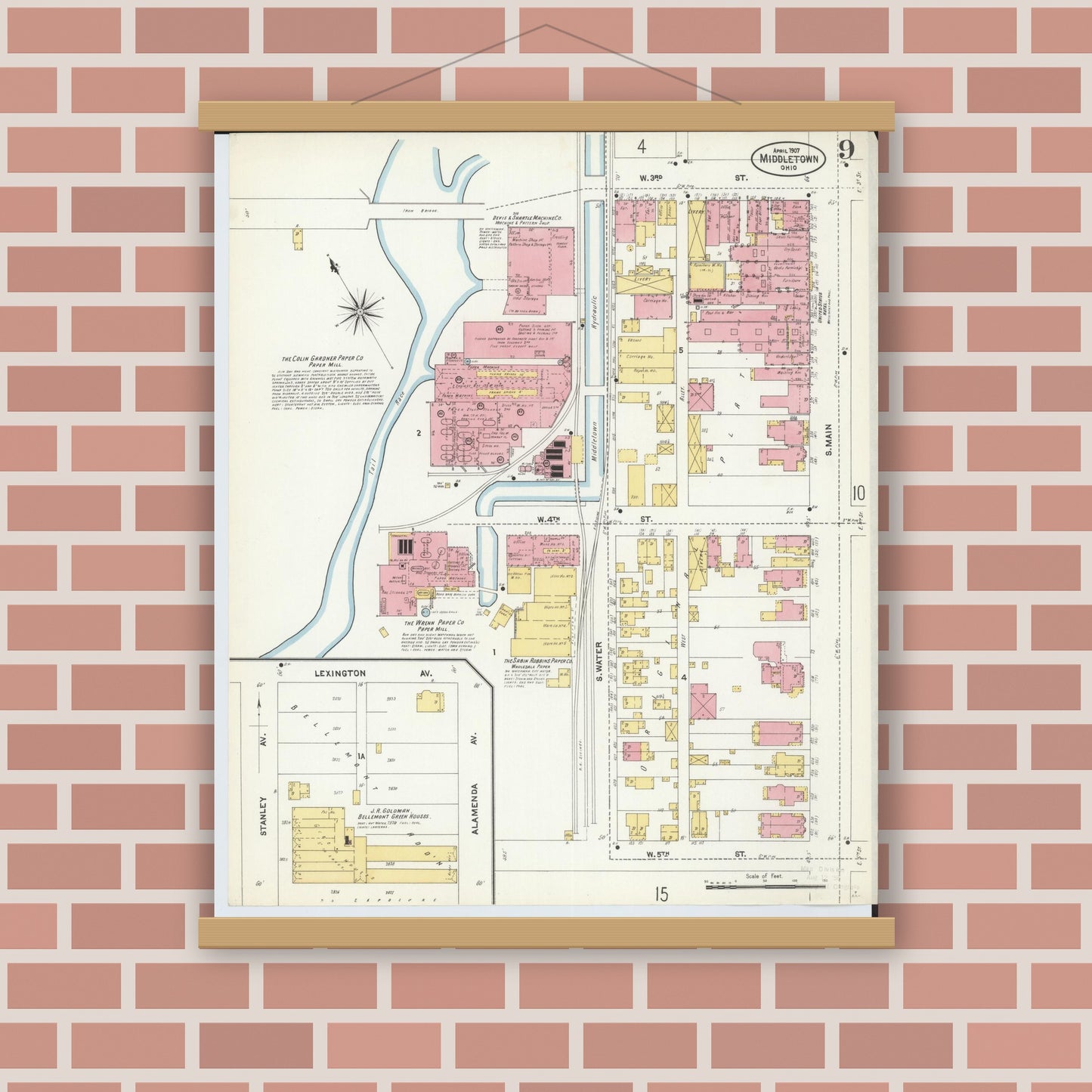 Old map wall art mockup — magnetic wood frame on brick wall — Sanborn Fire Insurance Map from Middletown, Butler County, Ohio (1907), Sheet #0009