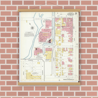 Old map wall art mockup — magnetic wood frame on brick wall — Sanborn Fire Insurance Map from Middletown, Butler County, Ohio (1907), Sheet #0009