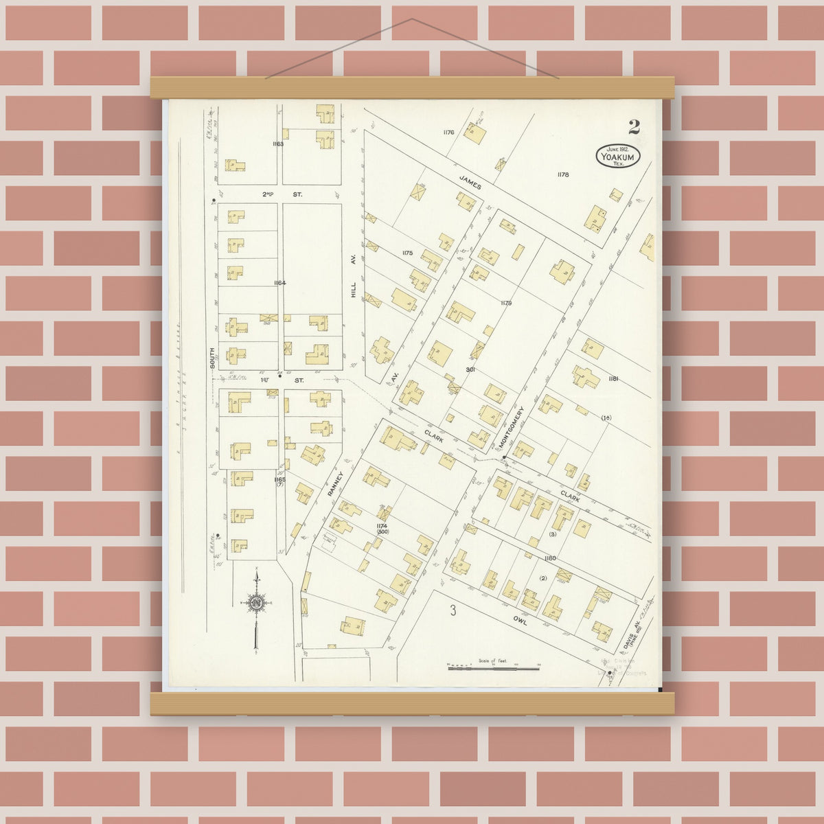 Old map wall art mockup — magnetic wood frame on brick wall — Sanborn Fire Insurance Map from Yoakum, De Witt And Lavaca Counties, Texas (1912), Sheet #0002