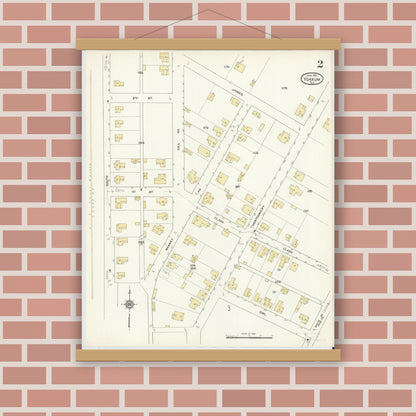 Old map wall art mockup — magnetic wood frame on brick wall — Sanborn Fire Insurance Map from Yoakum, De Witt And Lavaca Counties, Texas (1912), Sheet #0002