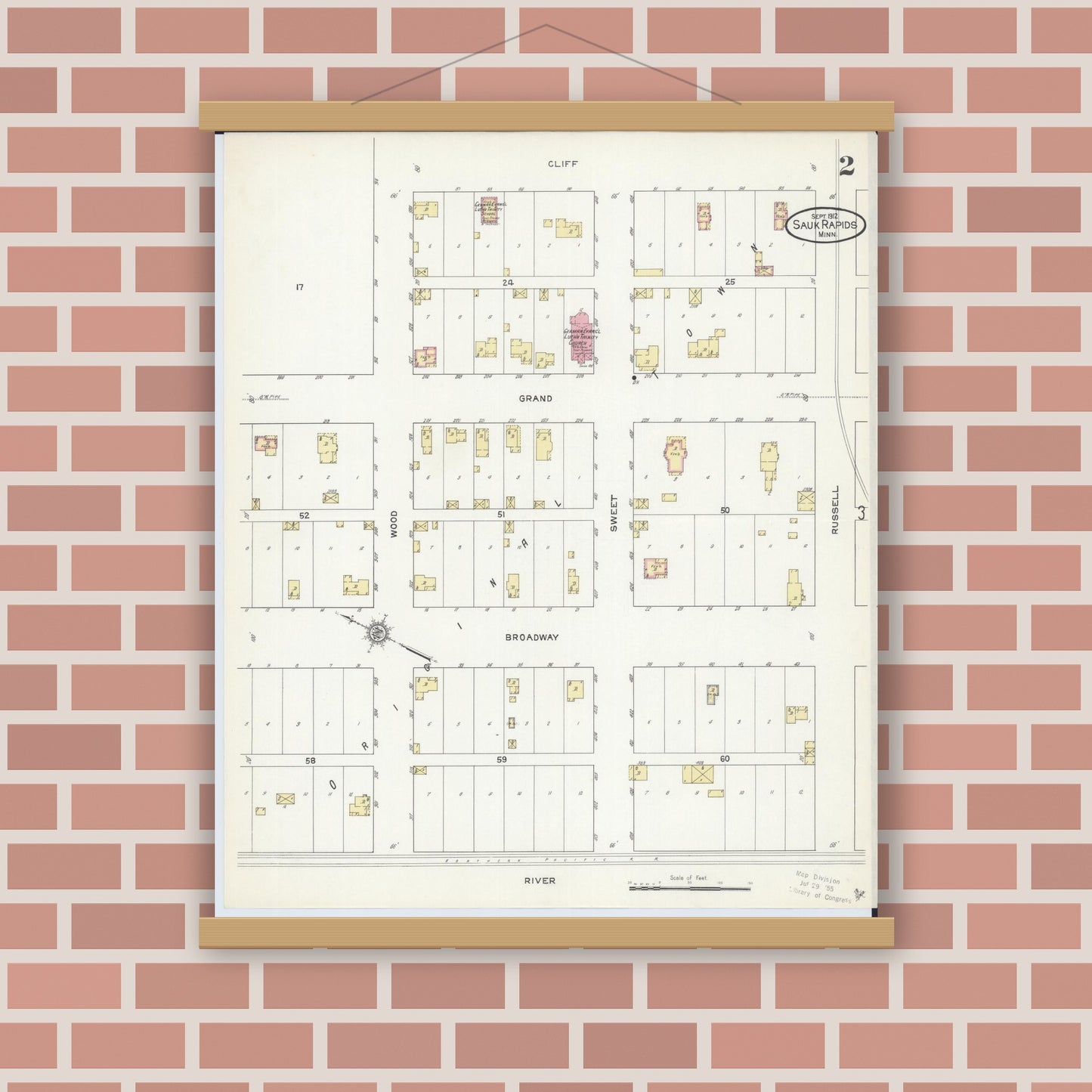 Old map wall art mockup — magnetic wood frame on brick wall — Sanborn Fire Insurance Map from Sauk Rapids, Benton County, Minnesota (1912), Sheet #0002