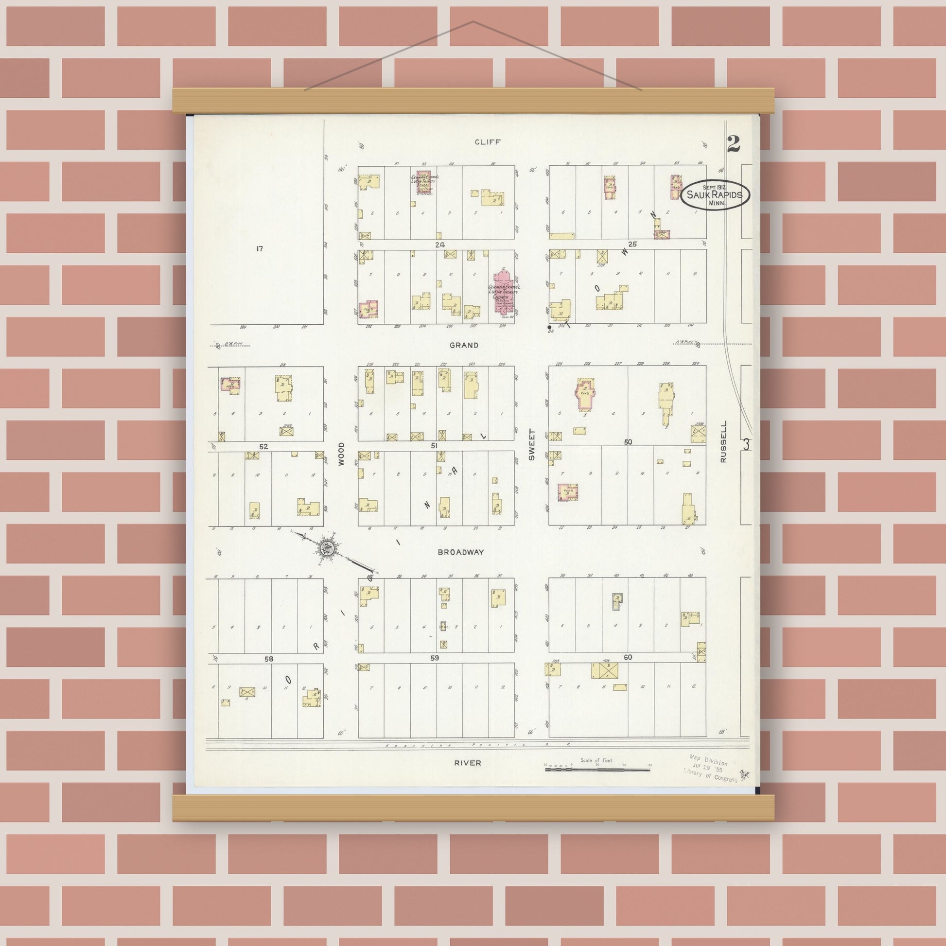 Old map wall art mockup — magnetic wood frame on brick wall — Sanborn Fire Insurance Map from Sauk Rapids, Benton County, Minnesota (1912), Sheet #0002