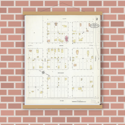 Old map wall art mockup — magnetic wood frame on brick wall — Sanborn Fire Insurance Map from Sauk Rapids, Benton County, Minnesota (1912), Sheet #0002