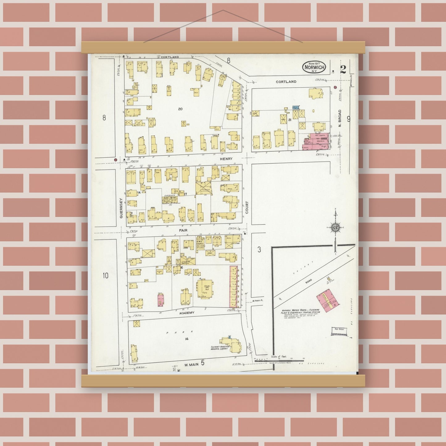 Old map wall art mockup — magnetic wood frame on brick wall — Sanborn Fire Insurance Map from Norwich, Chenango County, New York (1917) - Complete Map Set