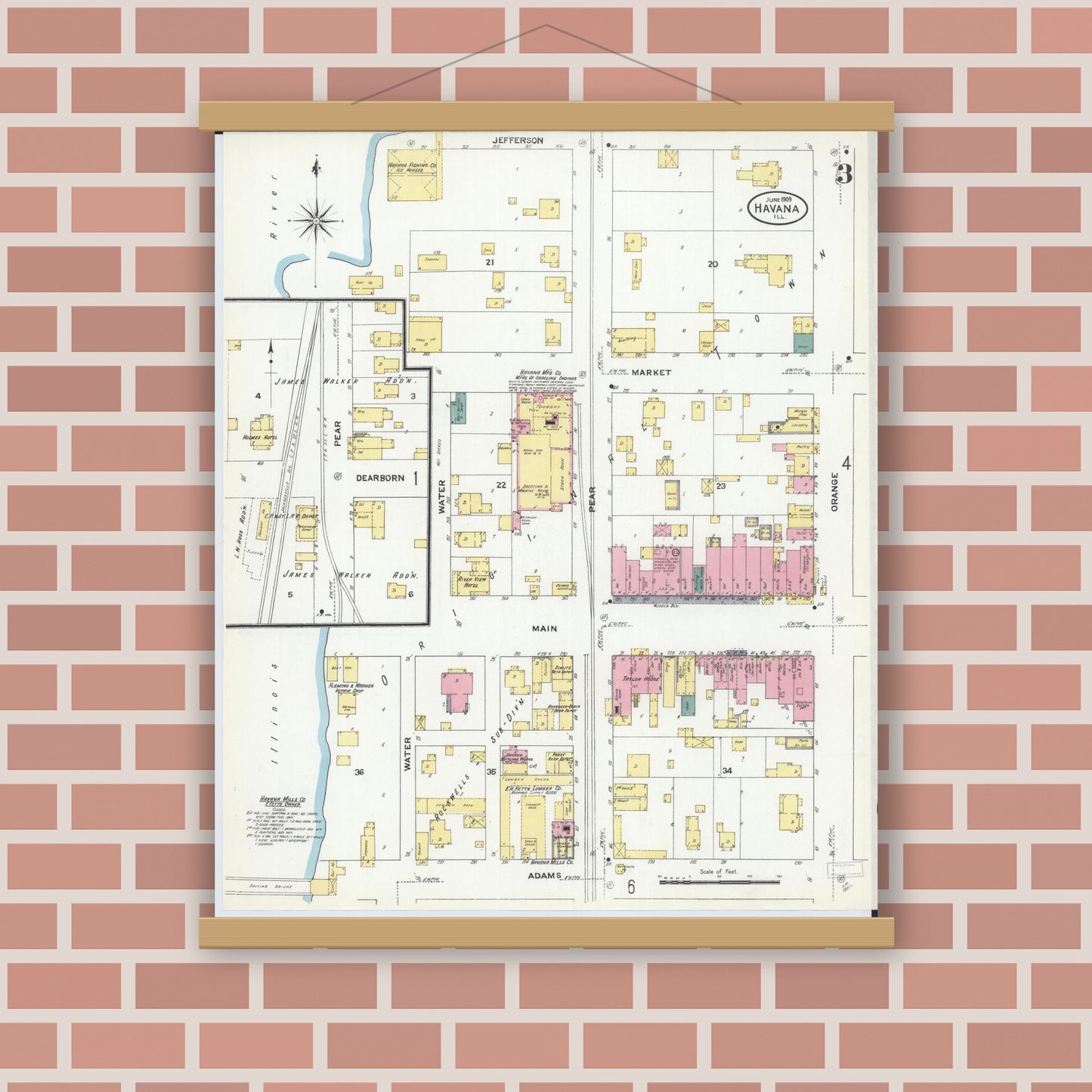 Old map wall art mockup — magnetic wood frame on brick wall — Sanborn Fire Insurance Map from Havana, Mason County, Illinois (1909), Sheet #0003