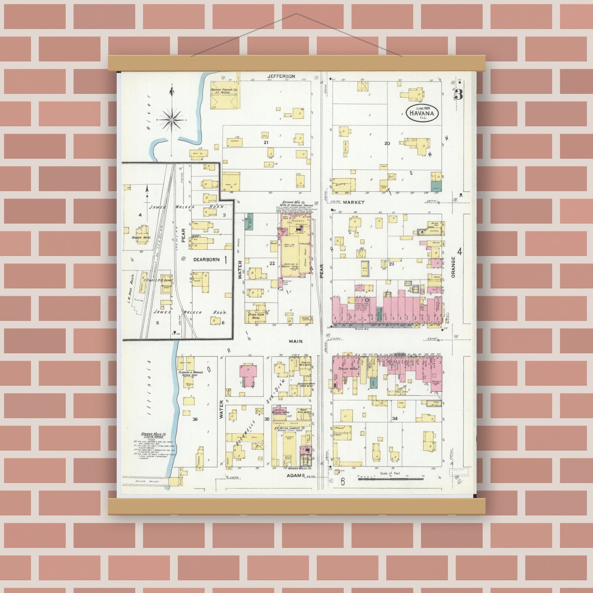 Old map wall art mockup — magnetic wood frame on brick wall — Sanborn Fire Insurance Map from Havana, Mason County, Illinois (1909), Sheet #0003
