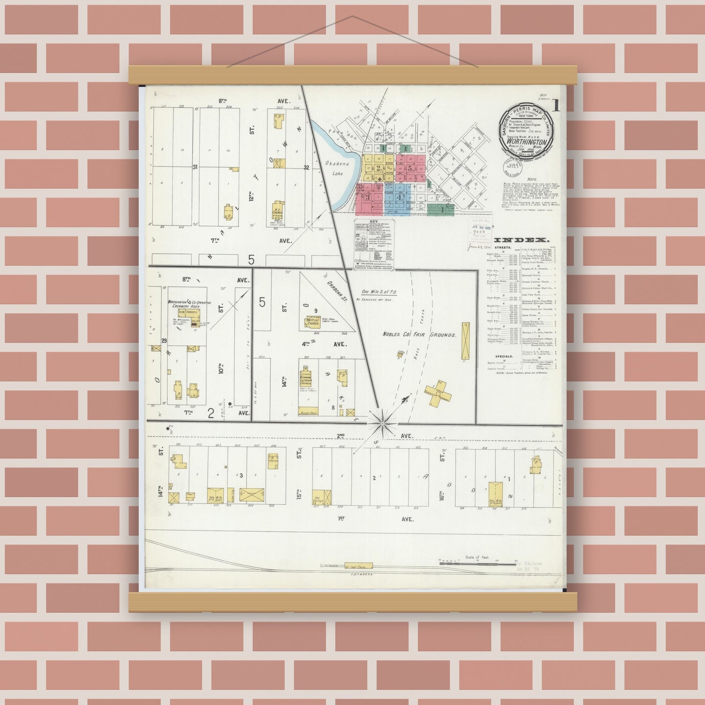 Old map wall art mockup — magnetic wood frame on brick wall — Sanborn Fire Insurance Map from Worthington, Nobles County, Minnesota (1900), Sheet #0001
