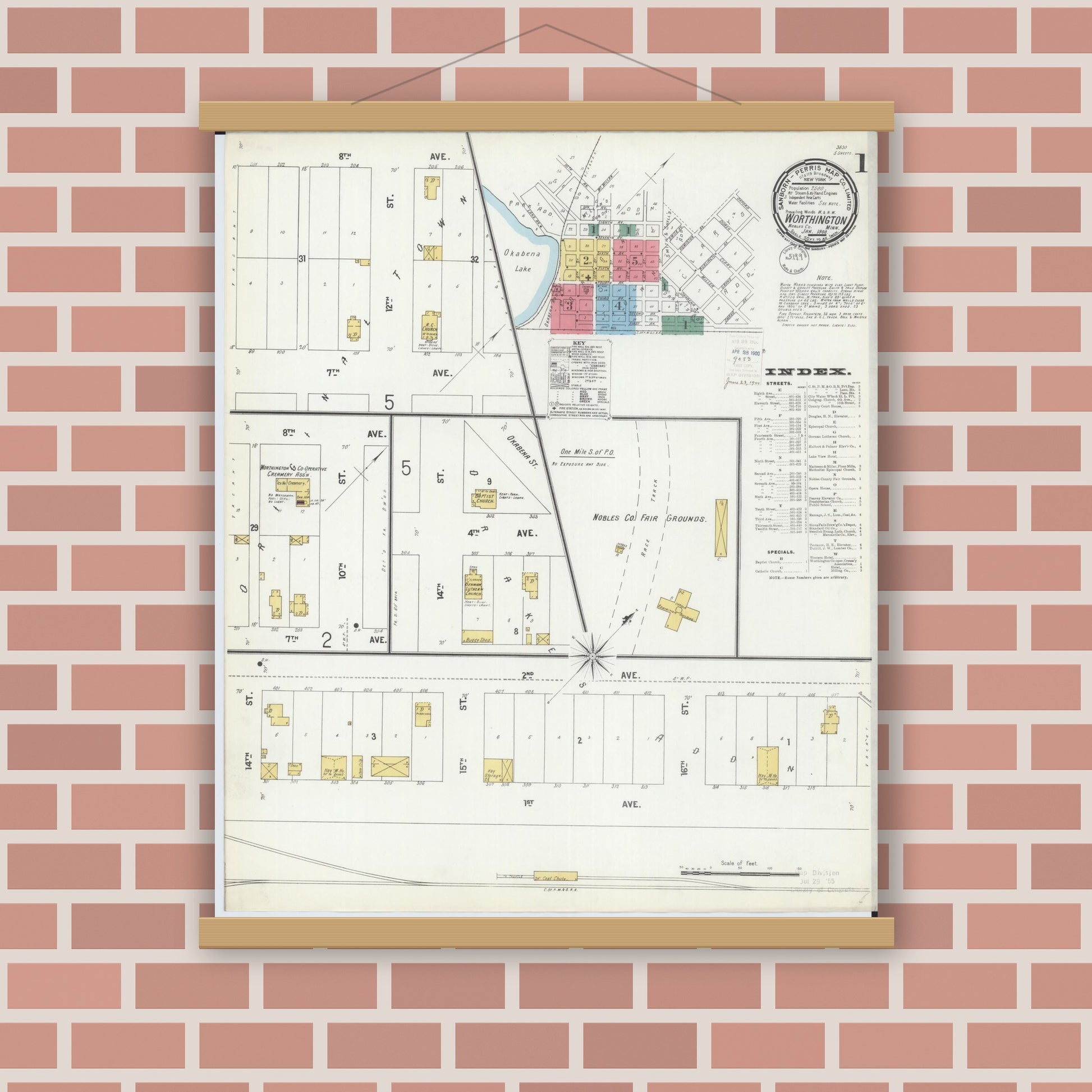 Old map wall art mockup — magnetic wood frame on brick wall — Sanborn Fire Insurance Map from Worthington, Nobles County, Minnesota (1900), Sheet #0001
