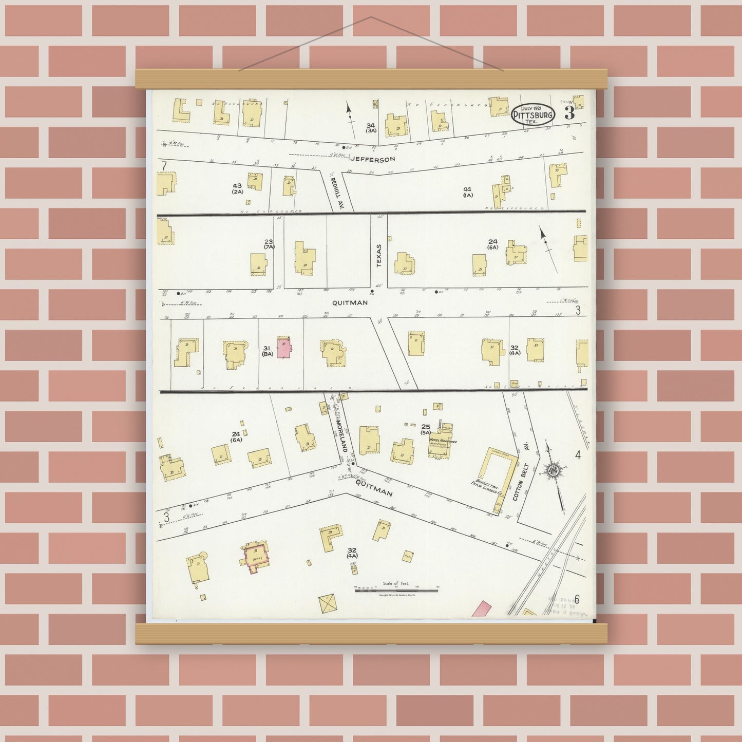 Old map wall art mockup — magnetic wood frame on brick wall — Sanborn Fire Insurance Map from Pittsburg, Camp County, Texas (1921), Sheet #0003