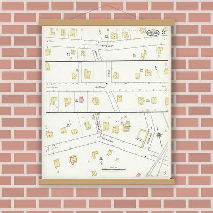 Old map wall art mockup — magnetic wood frame on brick wall — Sanborn Fire Insurance Map from Pittsburg, Camp County, Texas (1921), Sheet #0003