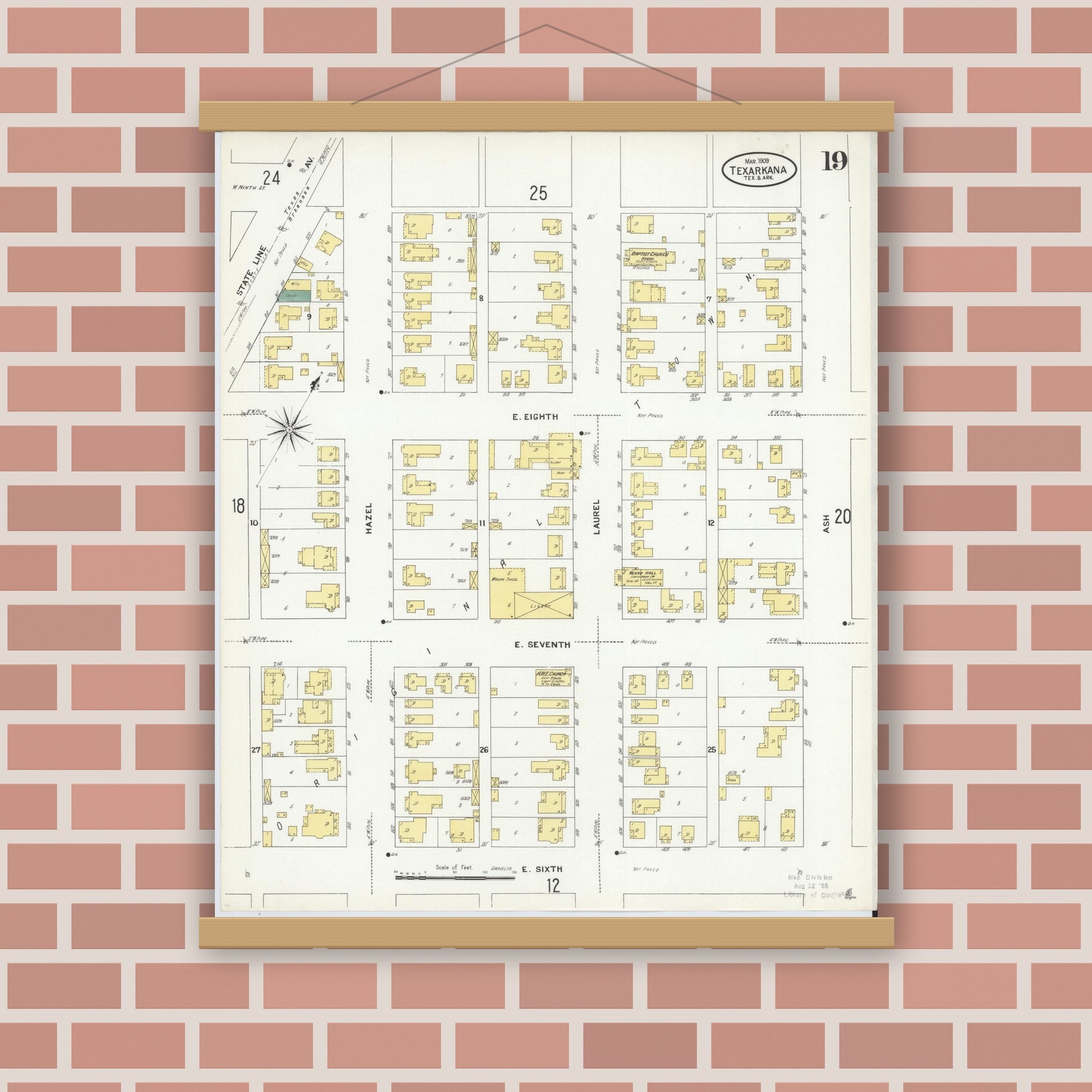Old map wall art mockup — magnetic wood frame on brick wall — Sanborn Fire Insurance Map from Texarkana, Bowie County, Texas (1909), Sheet #0019