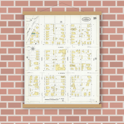 Old map wall art mockup — magnetic wood frame on brick wall — Sanborn Fire Insurance Map from Texarkana, Bowie County, Texas (1909), Sheet #0019