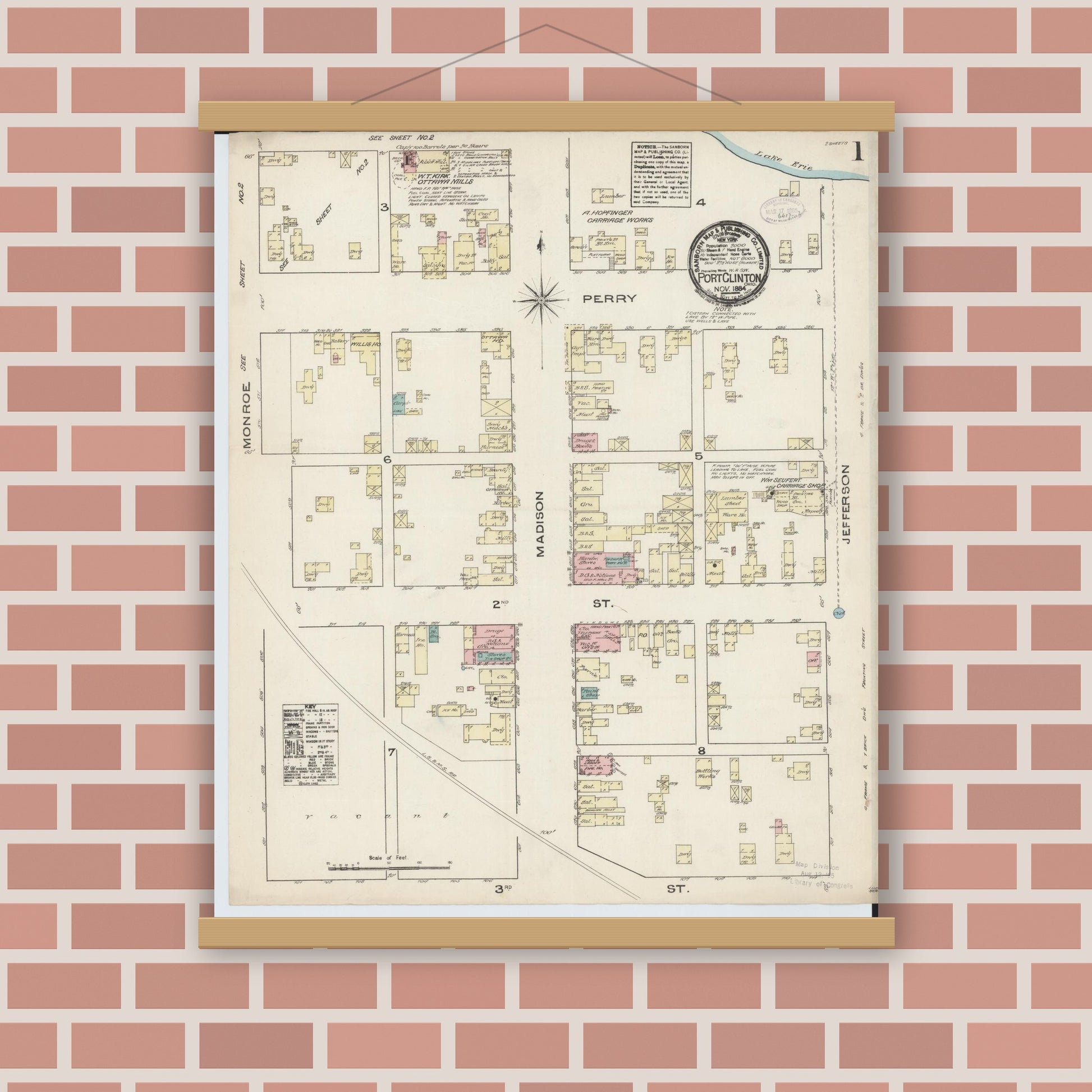 Old map wall art mockup — magnetic wood frame on brick wall — Sanborn Fire Insurance Map from Port Clinton, Ottawa County, Ohio (1884) - Complete Map Set