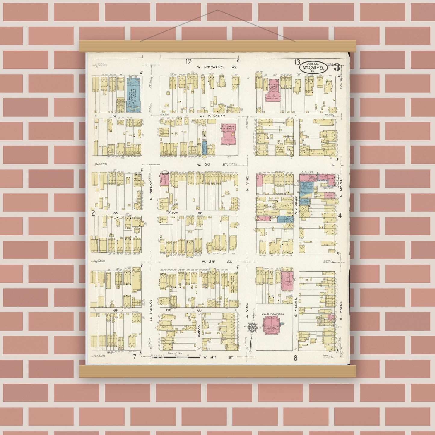 Old map wall art mockup — magnetic wood frame on brick wall — Sanborn Fire Insurance Map from Mount Carmel, Northumberland County, Pennsylvania (1913), Sheet #0003
