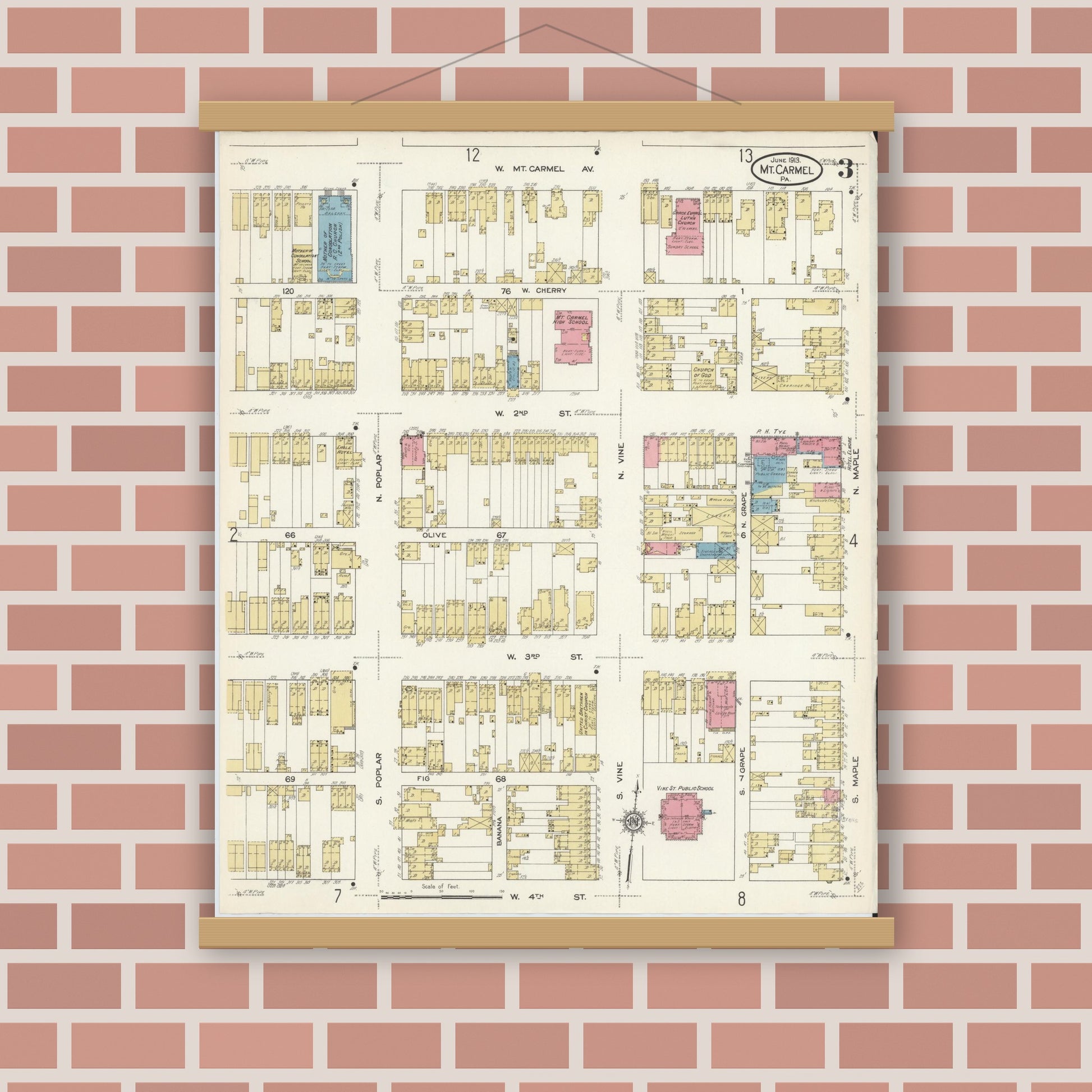 Old map wall art mockup — magnetic wood frame on brick wall — Sanborn Fire Insurance Map from Mount Carmel, Northumberland County, Pennsylvania (1913), Sheet #0003