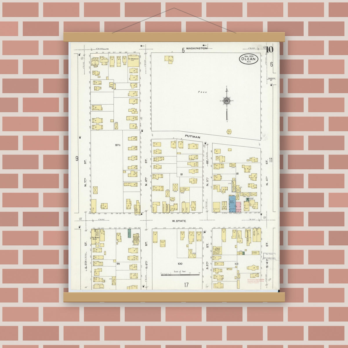 Old map wall art mockup — magnetic wood frame on brick wall — Sanborn Fire Insurance Map from Olean, Cattaraugus County, New York (1909), Sheet #0010
