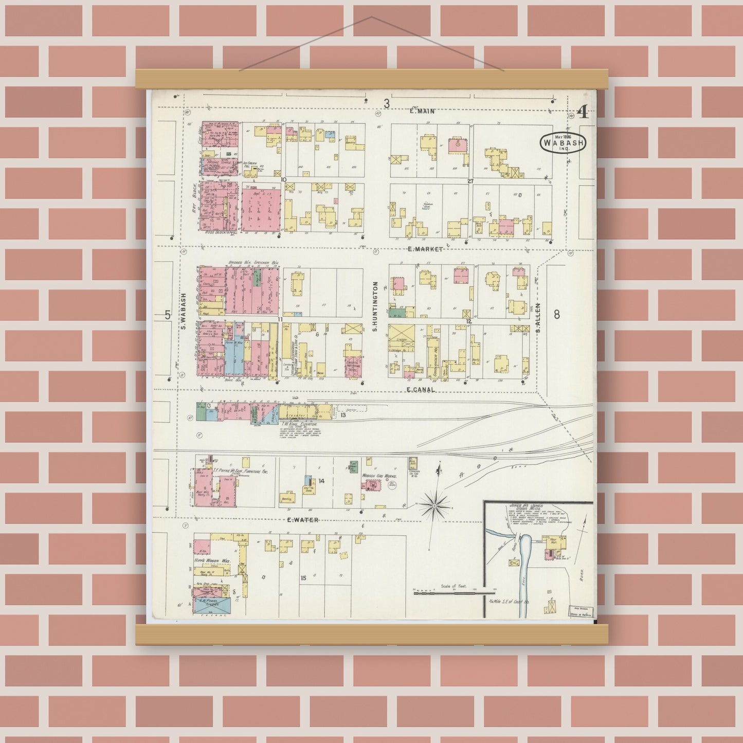 Old map wall art mockup — magnetic wood frame on brick wall — Sanborn Fire Insurance Map from Wabash, Wabash County, Indiana (1896), Sheet #0004