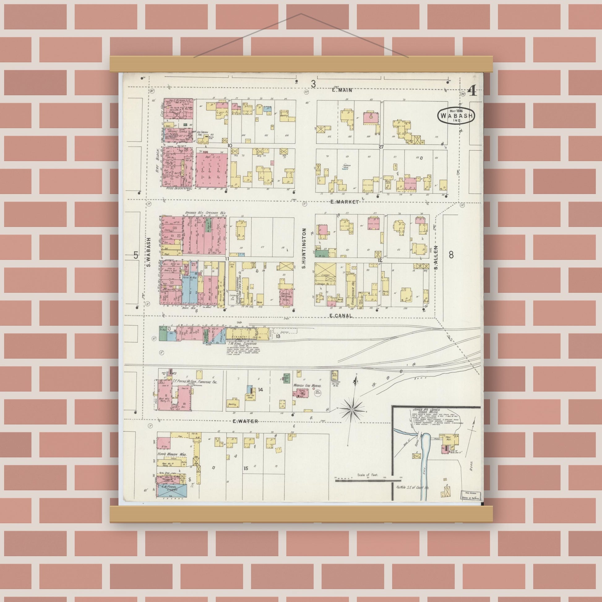 Old map wall art mockup — magnetic wood frame on brick wall — Sanborn Fire Insurance Map from Wabash, Wabash County, Indiana (1896), Sheet #0004