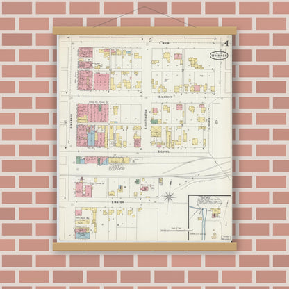Old map wall art mockup — magnetic wood frame on brick wall — Sanborn Fire Insurance Map from Wabash, Wabash County, Indiana (1896), Sheet #0004