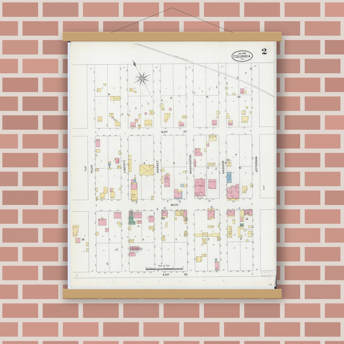 Old map wall art mockup — magnetic wood frame on brick wall — Sanborn Fire Insurance Map from Columbia, Monroe County, Illinois (1906), Sheet #0002