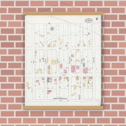 Old map wall art mockup — magnetic wood frame on brick wall — Sanborn Fire Insurance Map from Columbia, Monroe County, Illinois (1906), Sheet #0002