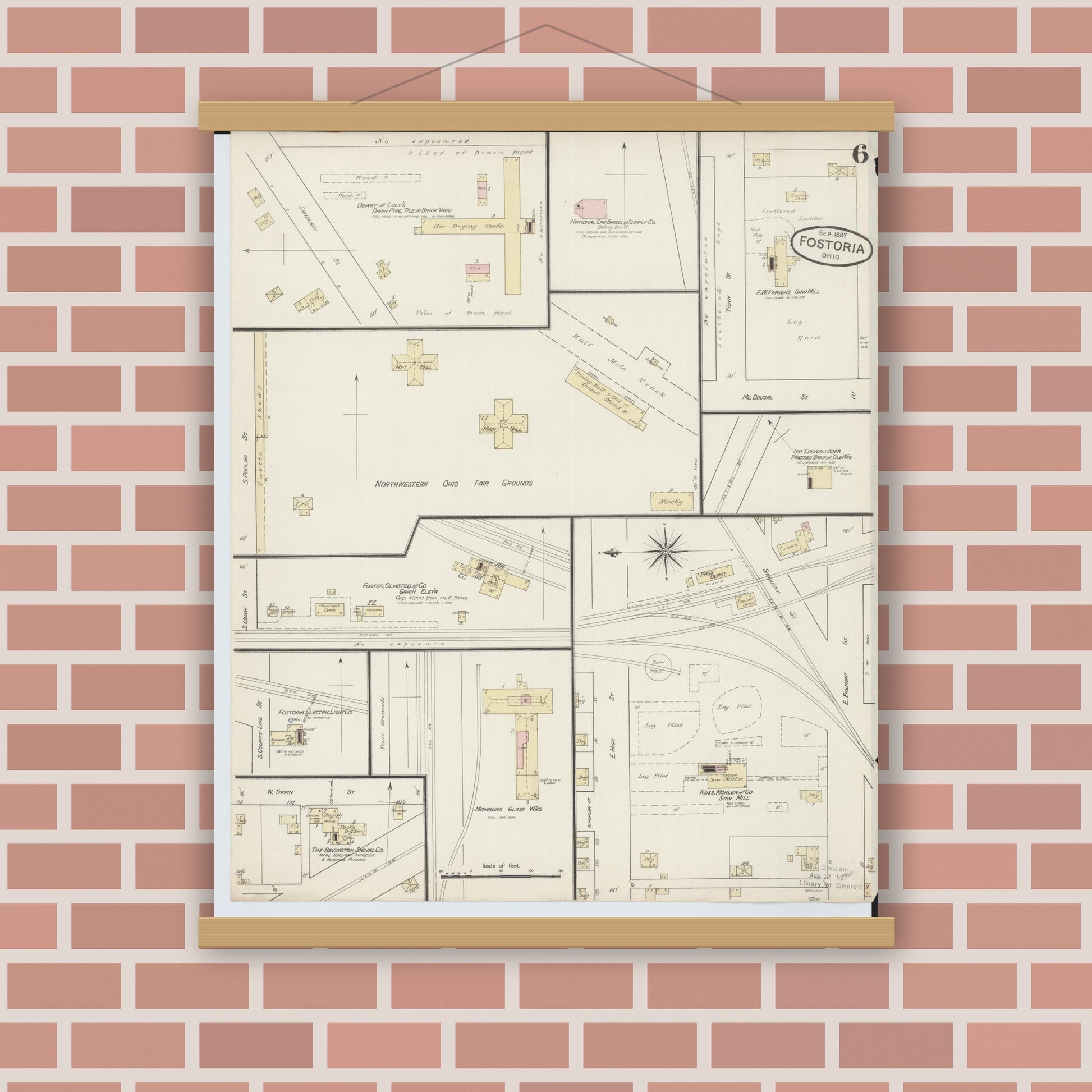 Old map wall art mockup — magnetic wood frame on brick wall — Sanborn Fire Insurance Map from Fostoria, Seneca, Hancock, And Wood Counties, Ohio (1887), Sheet #0006