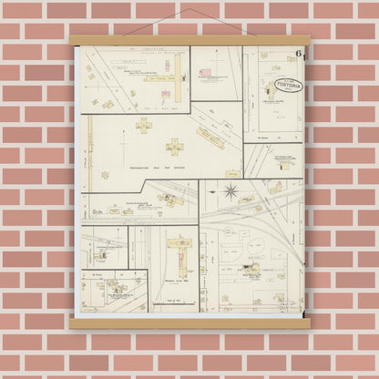 Old map wall art mockup — magnetic wood frame on brick wall — Sanborn Fire Insurance Map from Fostoria, Seneca, Hancock, And Wood Counties, Ohio (1887), Sheet #0006