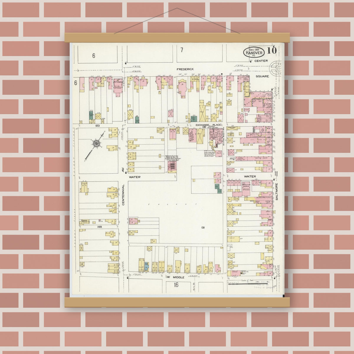 Old map wall art mockup — magnetic wood frame on brick wall — Sanborn Fire Insurance Map from Hanover, York County, Pennsylvania (1909), Sheet #0010
