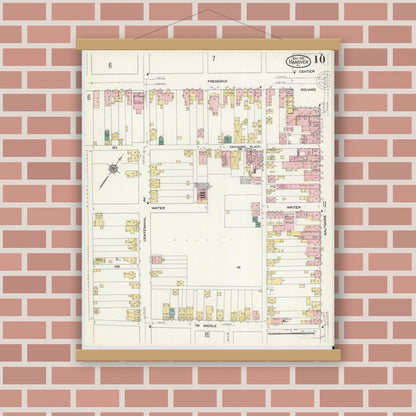 Old map wall art mockup — magnetic wood frame on brick wall — Sanborn Fire Insurance Map from Hanover, York County, Pennsylvania (1909), Sheet #0010