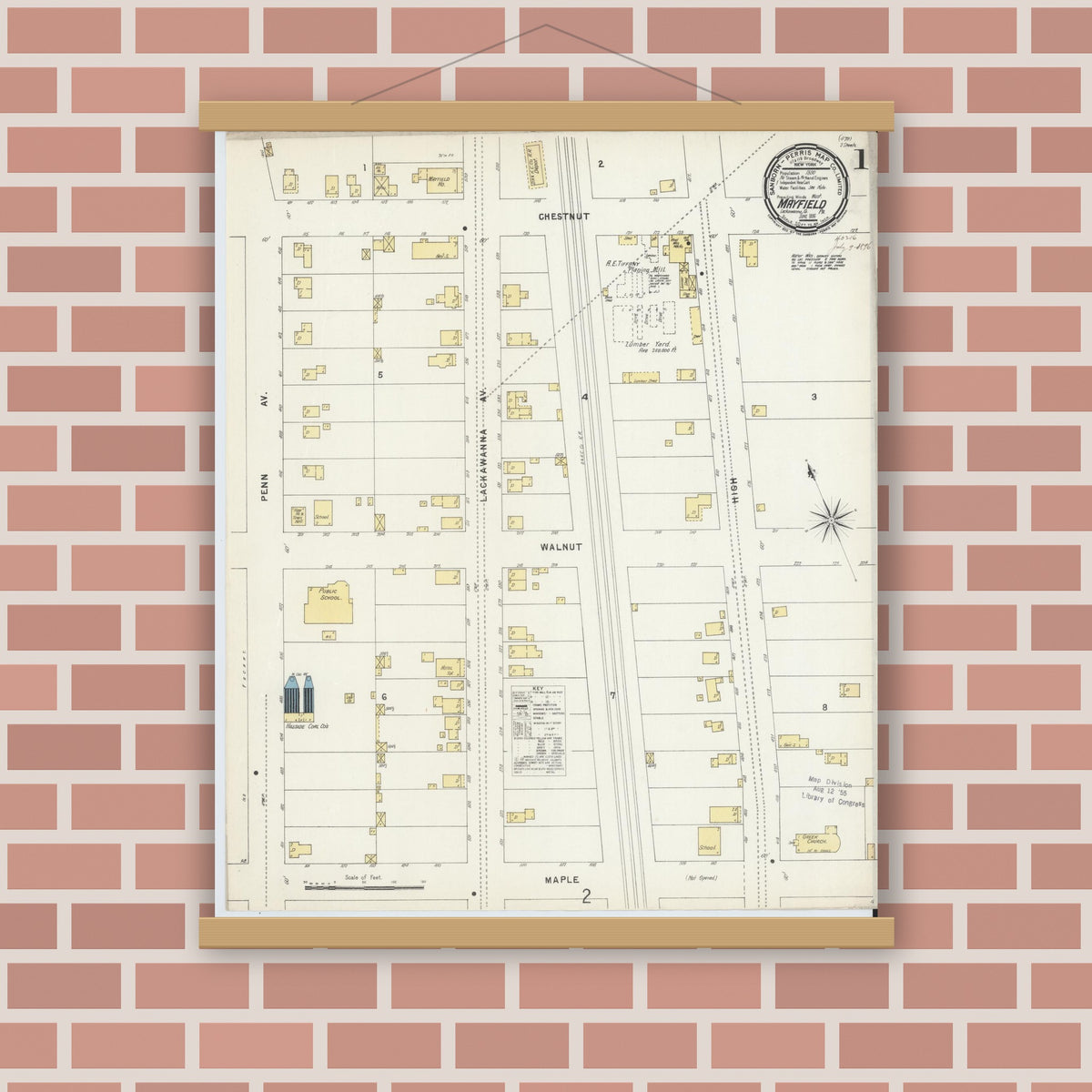 Old map wall art mockup — magnetic wood frame on brick wall — Sanborn Fire Insurance Map from Mayfield, Lackawanna County, Pennsylvania (1896), Sheet #0001
