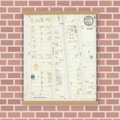 Old map wall art mockup — magnetic wood frame on brick wall — Sanborn Fire Insurance Map from Mayfield, Lackawanna County, Pennsylvania (1896), Sheet #0001