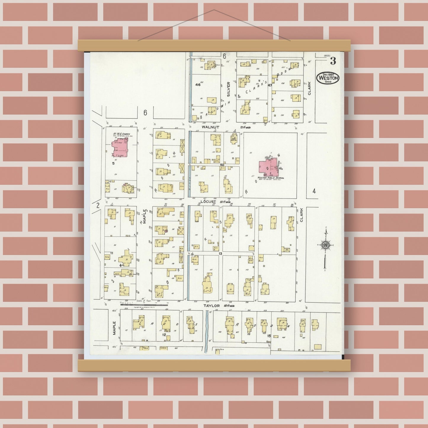 Old map wall art mockup — magnetic wood frame on brick wall — Sanborn Fire Insurance Map from Weston, Wood County, Ohio (1920), Sheet #0003