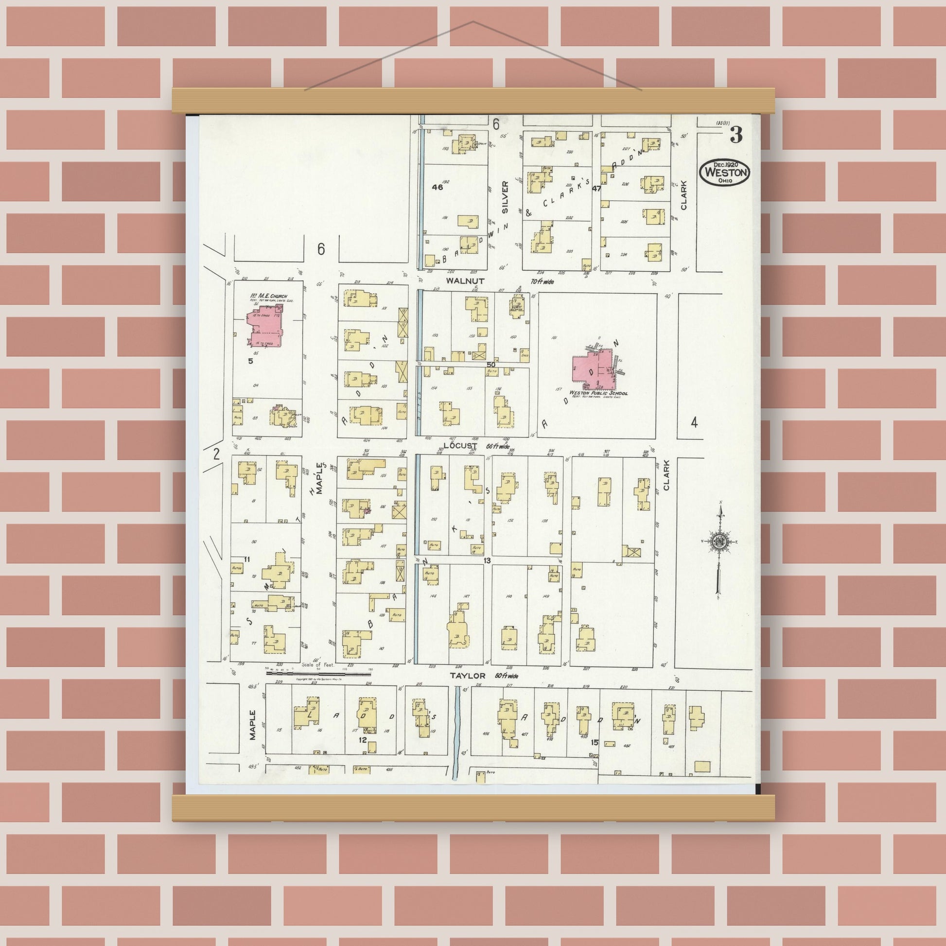 Old map wall art mockup — magnetic wood frame on brick wall — Sanborn Fire Insurance Map from Weston, Wood County, Ohio (1920), Sheet #0003