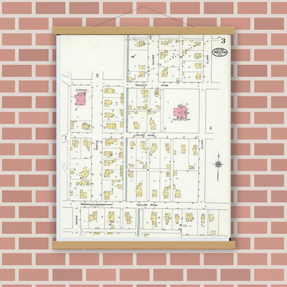 Old map wall art mockup — magnetic wood frame on brick wall — Sanborn Fire Insurance Map from Weston, Wood County, Ohio (1920), Sheet #0003