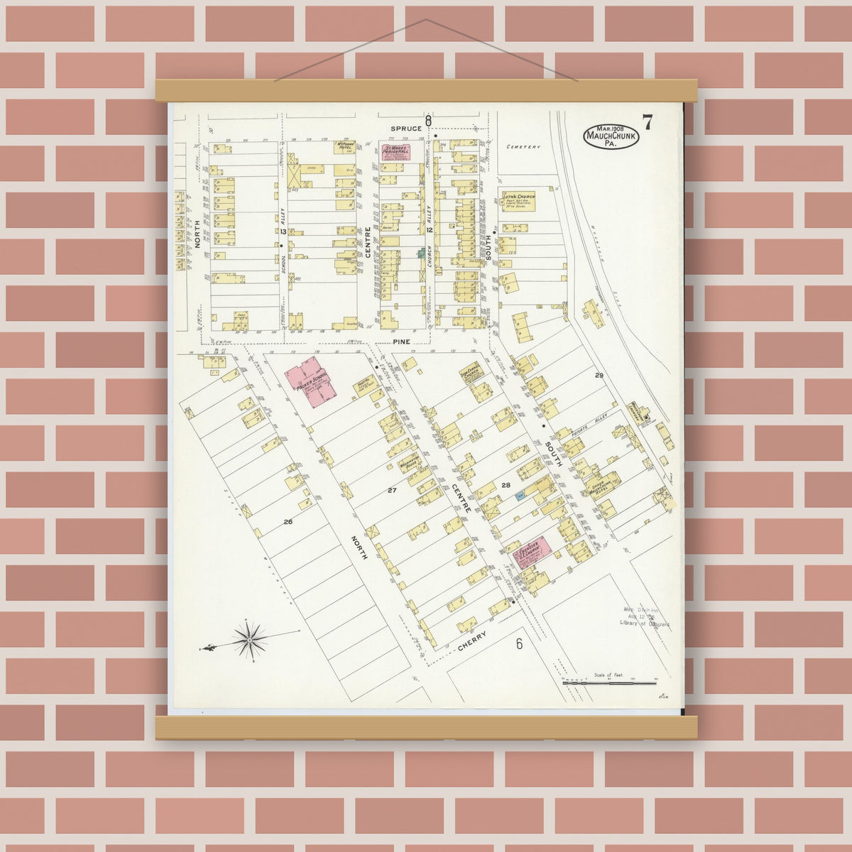 Old map wall art mockup — magnetic wood frame on brick wall — Sanborn Fire Insurance Map from Mauch Chunk, Carbon County, Pennsylvania (1908), Sheet #0007
