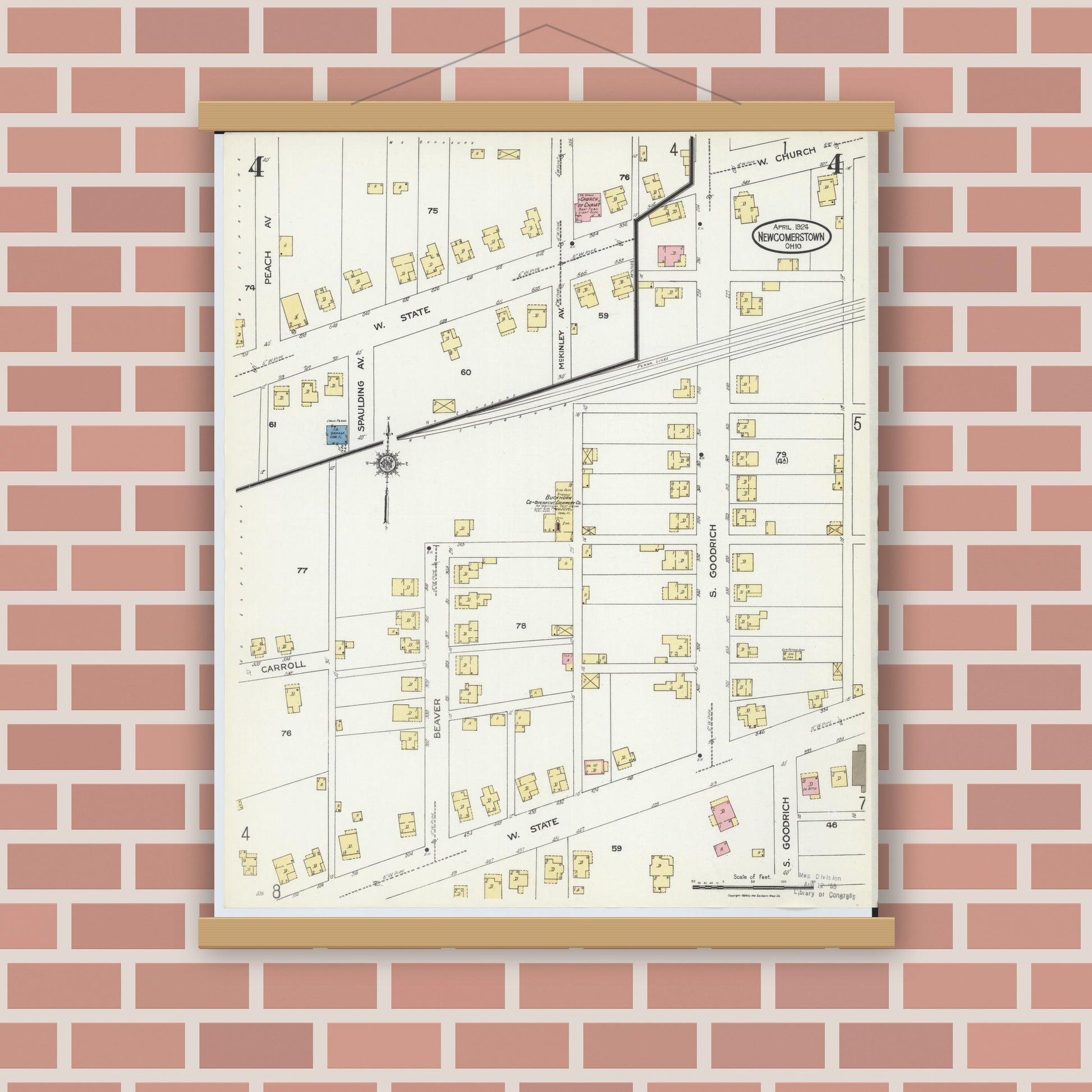 Old map wall art mockup — magnetic wood frame on brick wall — Sanborn Fire Insurance Map from Newcomerstown, Tuscarawas County, Ohio (1924), Sheet #0004