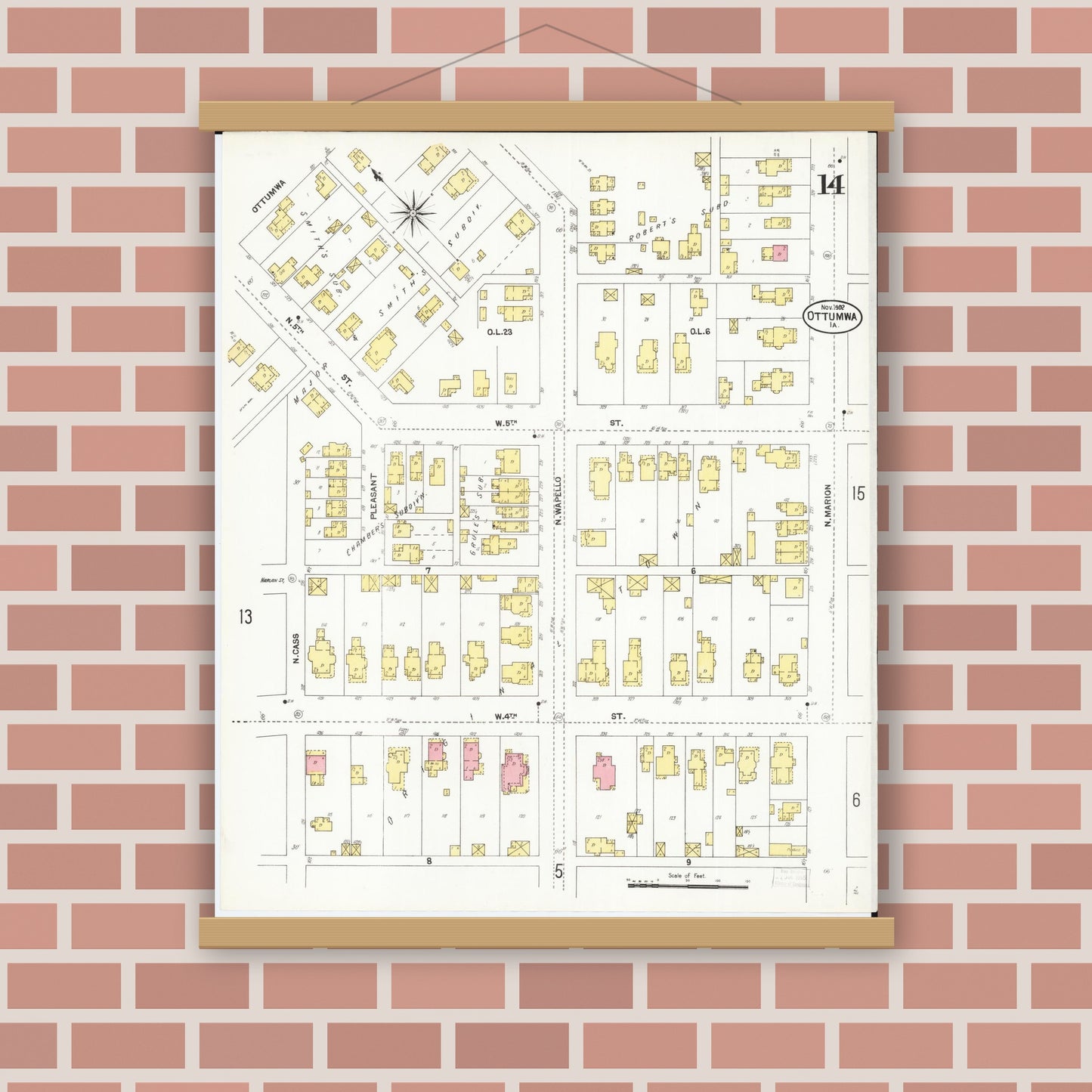 Old map wall art mockup — magnetic wood frame on brick wall — Sanborn Fire Insurance Map from Ottumwa, Wapello County, Iowa (1902), Sheet #0014