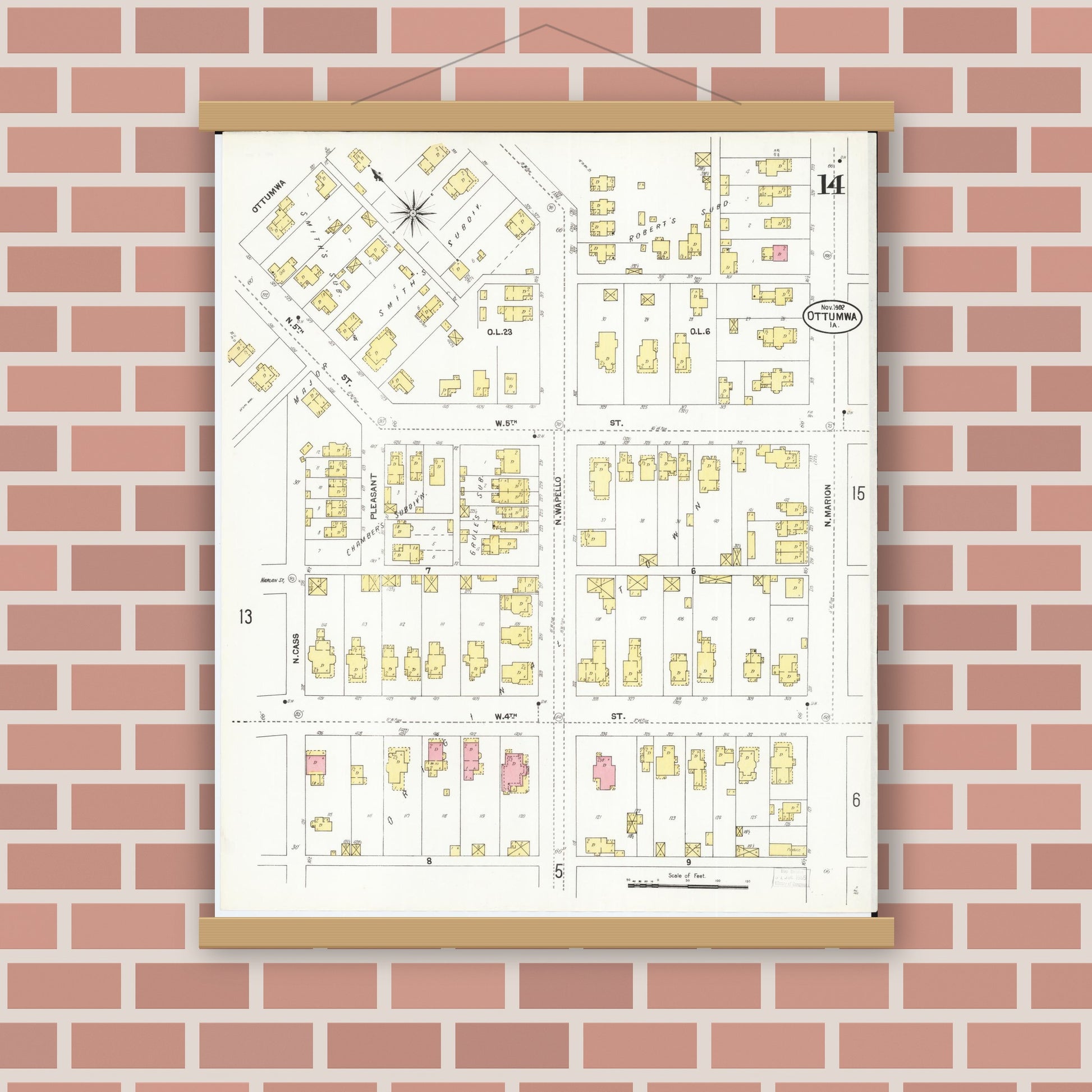Old map wall art mockup — magnetic wood frame on brick wall — Sanborn Fire Insurance Map from Ottumwa, Wapello County, Iowa (1902), Sheet #0014