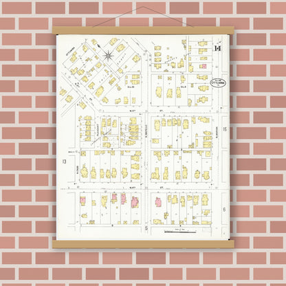 Old map wall art mockup — magnetic wood frame on brick wall — Sanborn Fire Insurance Map from Ottumwa, Wapello County, Iowa (1902), Sheet #0014