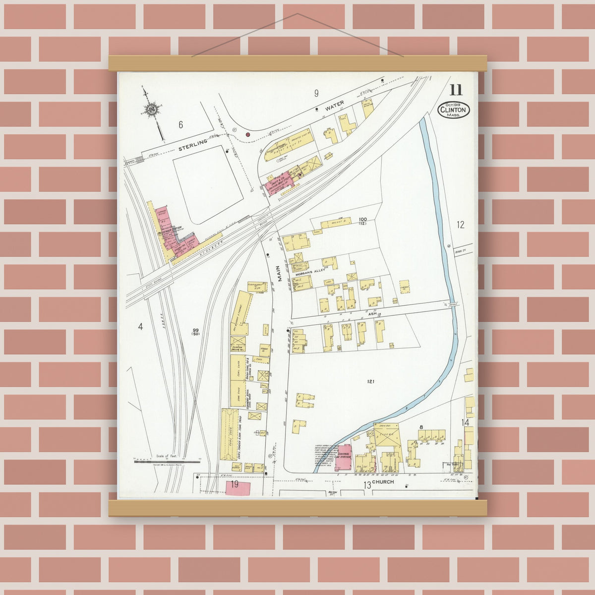 Old map wall art mockup — magnetic wood frame on brick wall — Sanborn Fire Insurance Map from Clinton, Worcester County, Massachusetts (1919), Sheet #0011