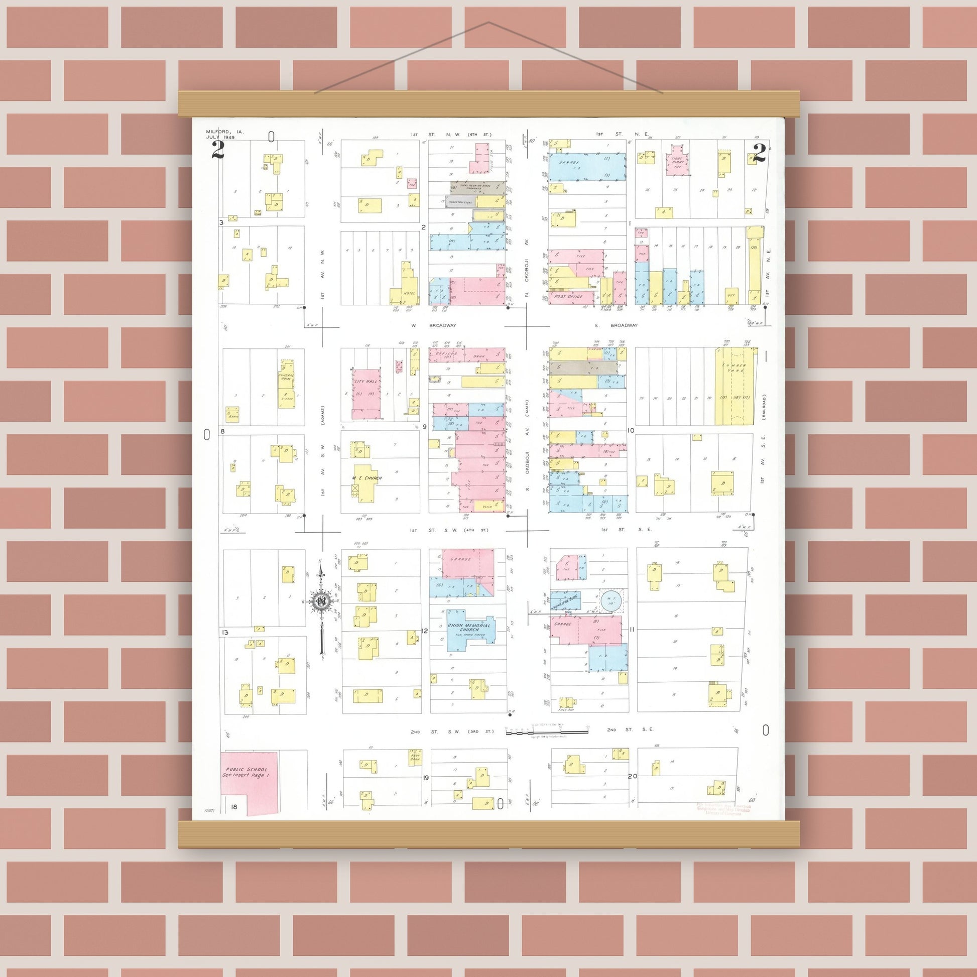 Old map wall art mockup — magnetic wood frame on brick wall — Sanborn Fire Insurance Map from Milford, Dickinson County, Iowa (1949), Sheet #0002
