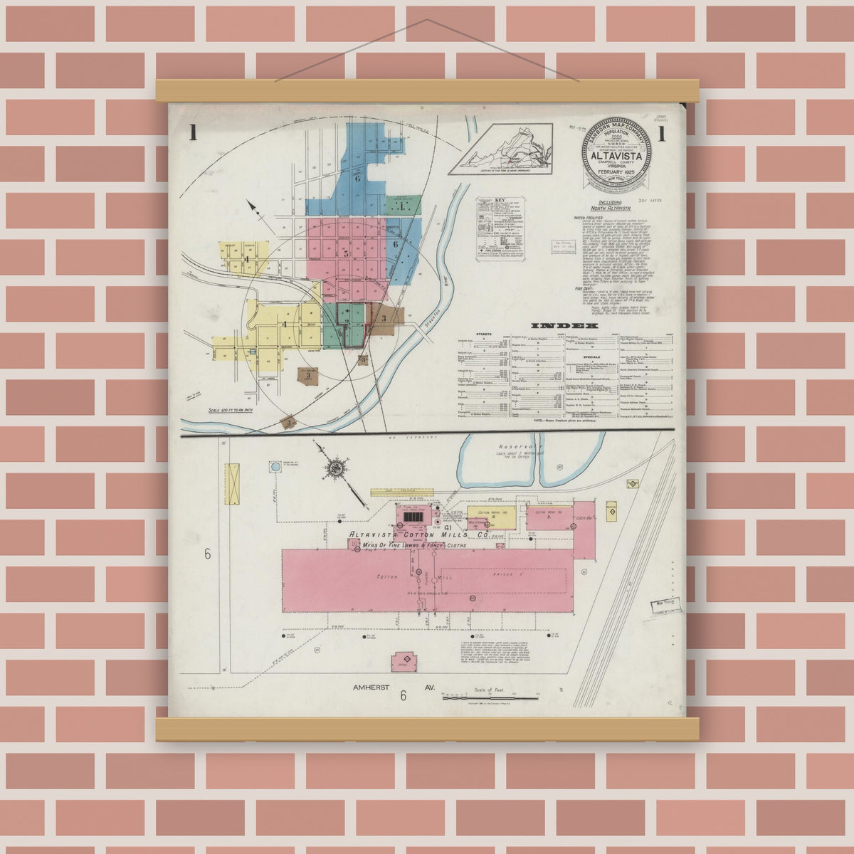 Old map wall art mockup — magnetic wood frame on brick wall — Sanborn Fire Insurance Map from Altavista, Campbell County, Virginia (1925) - Complete Map Set