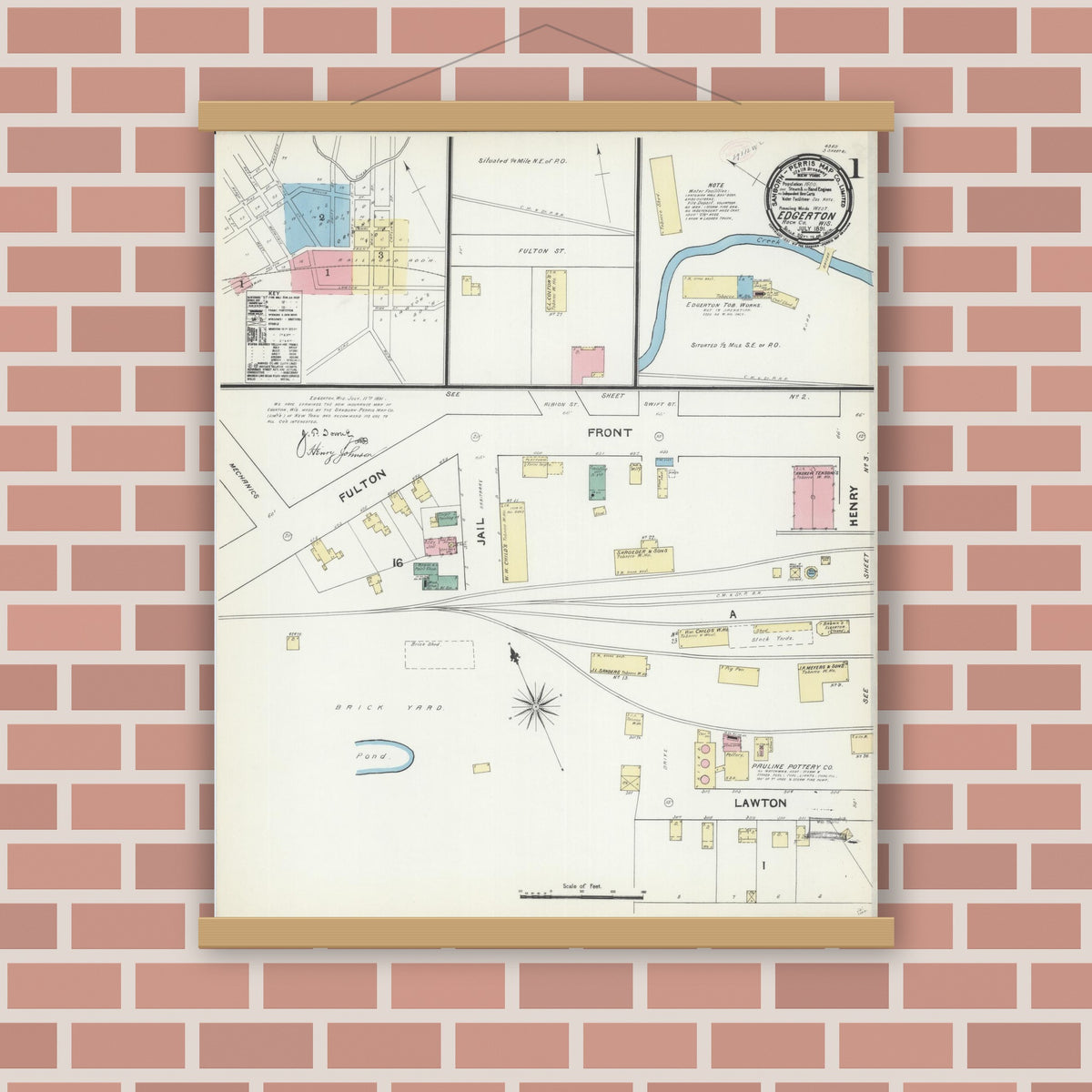 Old map wall art mockup — magnetic wood frame on brick wall — Sanborn Fire Insurance Map from Edgerton, Rock County, Wisconsin (1891) - Complete Map Set