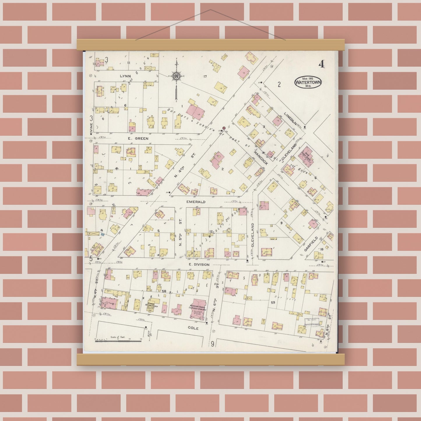 Old map wall art mockup — magnetic wood frame on brick wall — Sanborn Fire Insurance Map from Watertown, Jefferson County, Wisconsin (1915), Sheet #0005