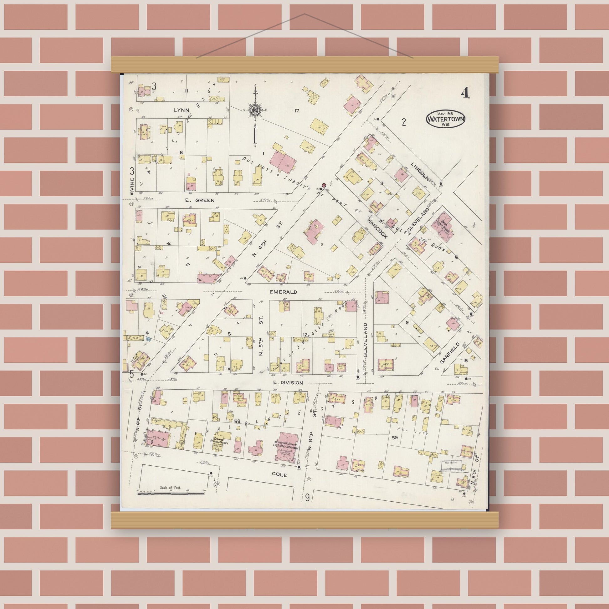 Old map wall art mockup — magnetic wood frame on brick wall — Sanborn Fire Insurance Map from Watertown, Jefferson County, Wisconsin (1915), Sheet #0005
