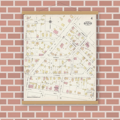 Old map wall art mockup — magnetic wood frame on brick wall — Sanborn Fire Insurance Map from Watertown, Jefferson County, Wisconsin (1915), Sheet #0005