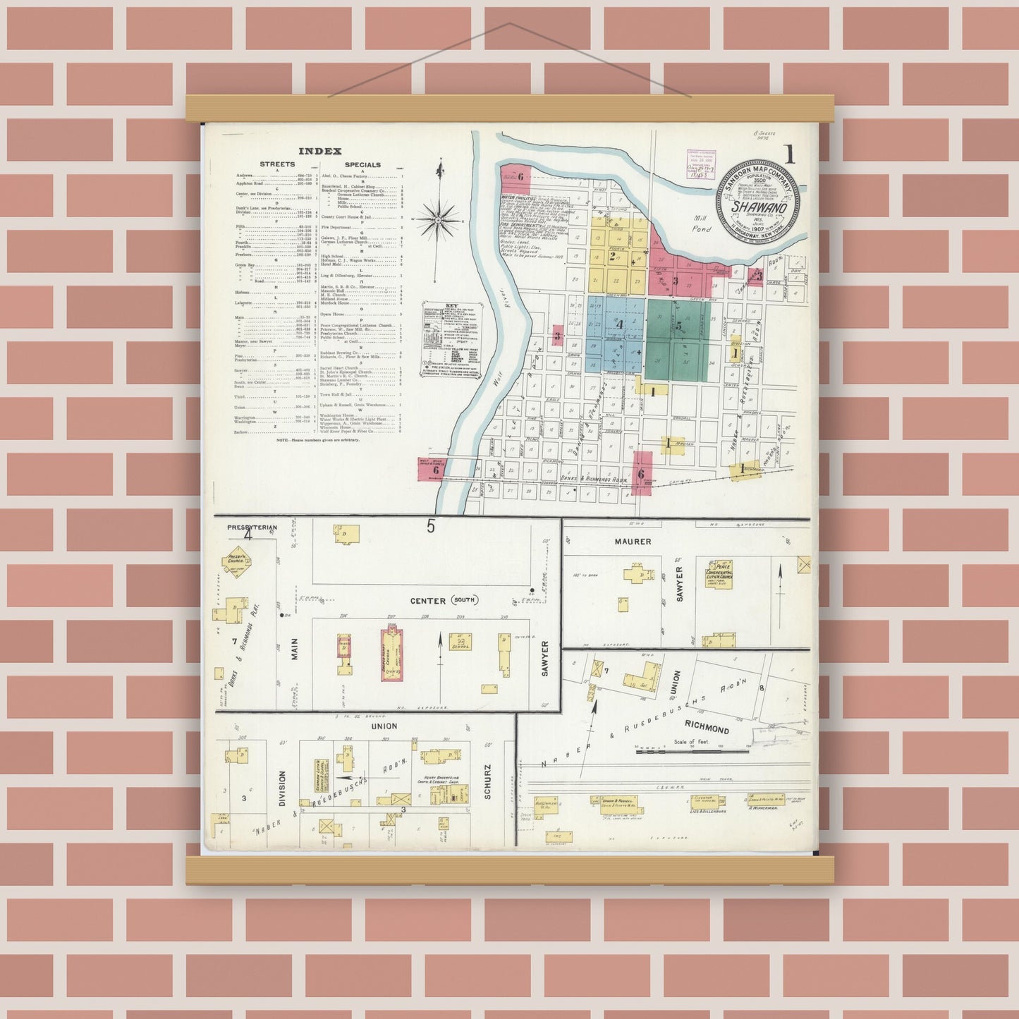 Old map wall art mockup — magnetic wood frame on brick wall — Sanborn Fire Insurance Map from Shawano, Shawano County, Wisconsin (1907), Sheet #0001