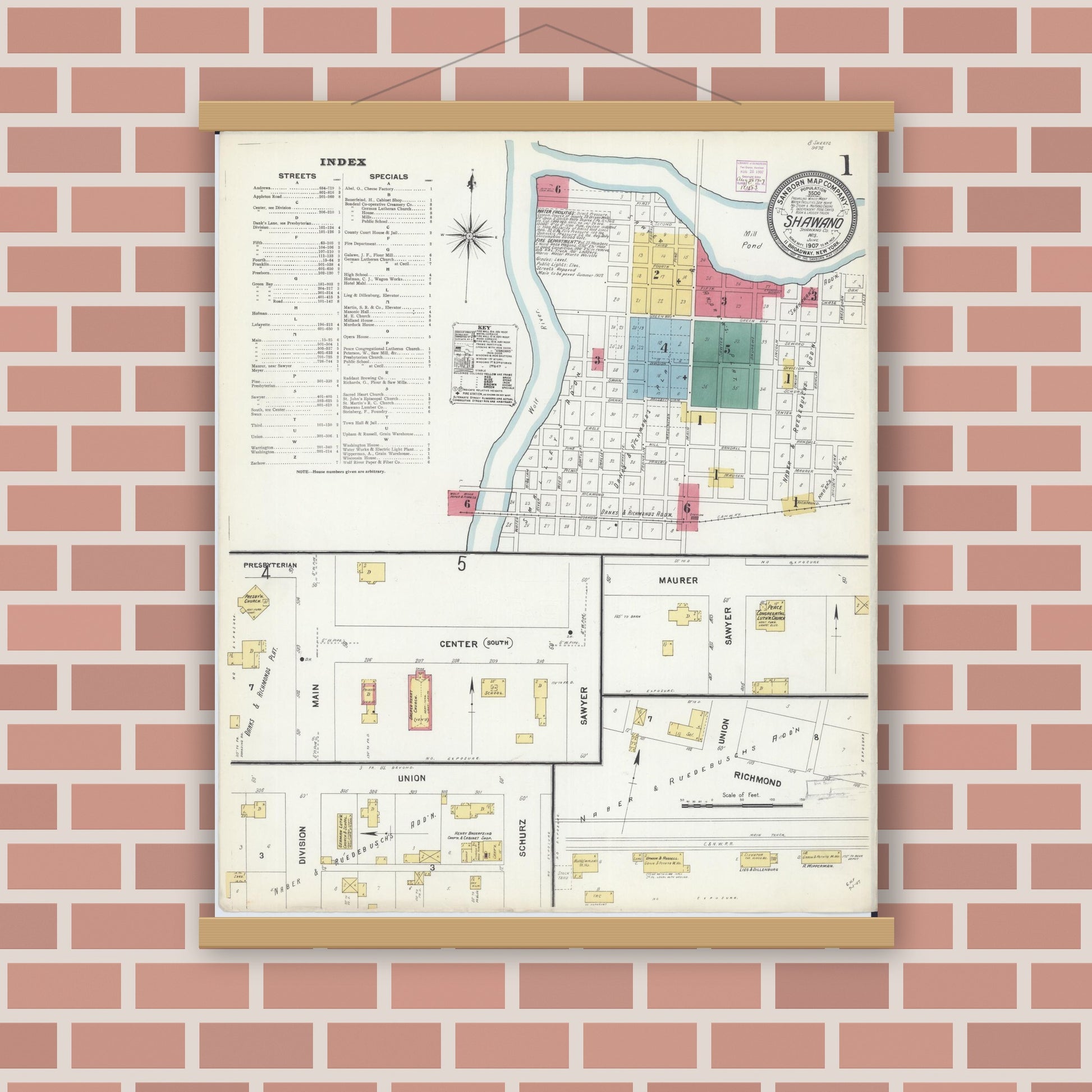 Old map wall art mockup — magnetic wood frame on brick wall — Sanborn Fire Insurance Map from Shawano, Shawano County, Wisconsin (1907), Sheet #0001